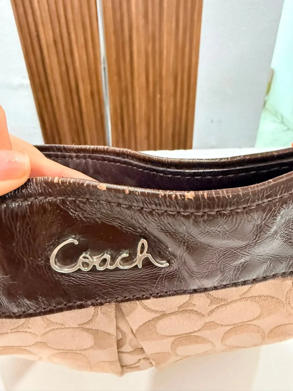 Coach Ashley Signature Jacquard Pleated Leather Canvas Brown Tan Shoulder Bag